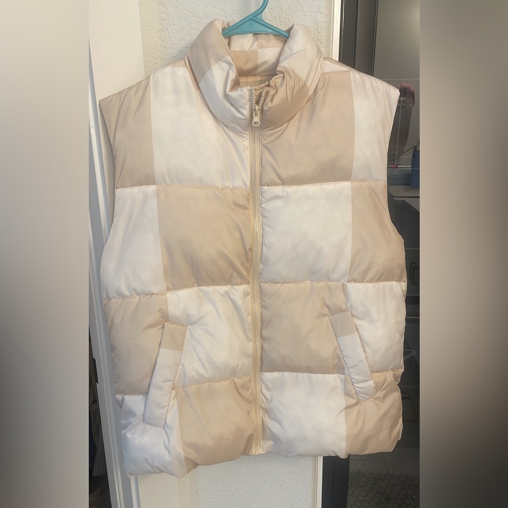 cream checkered puffer vest